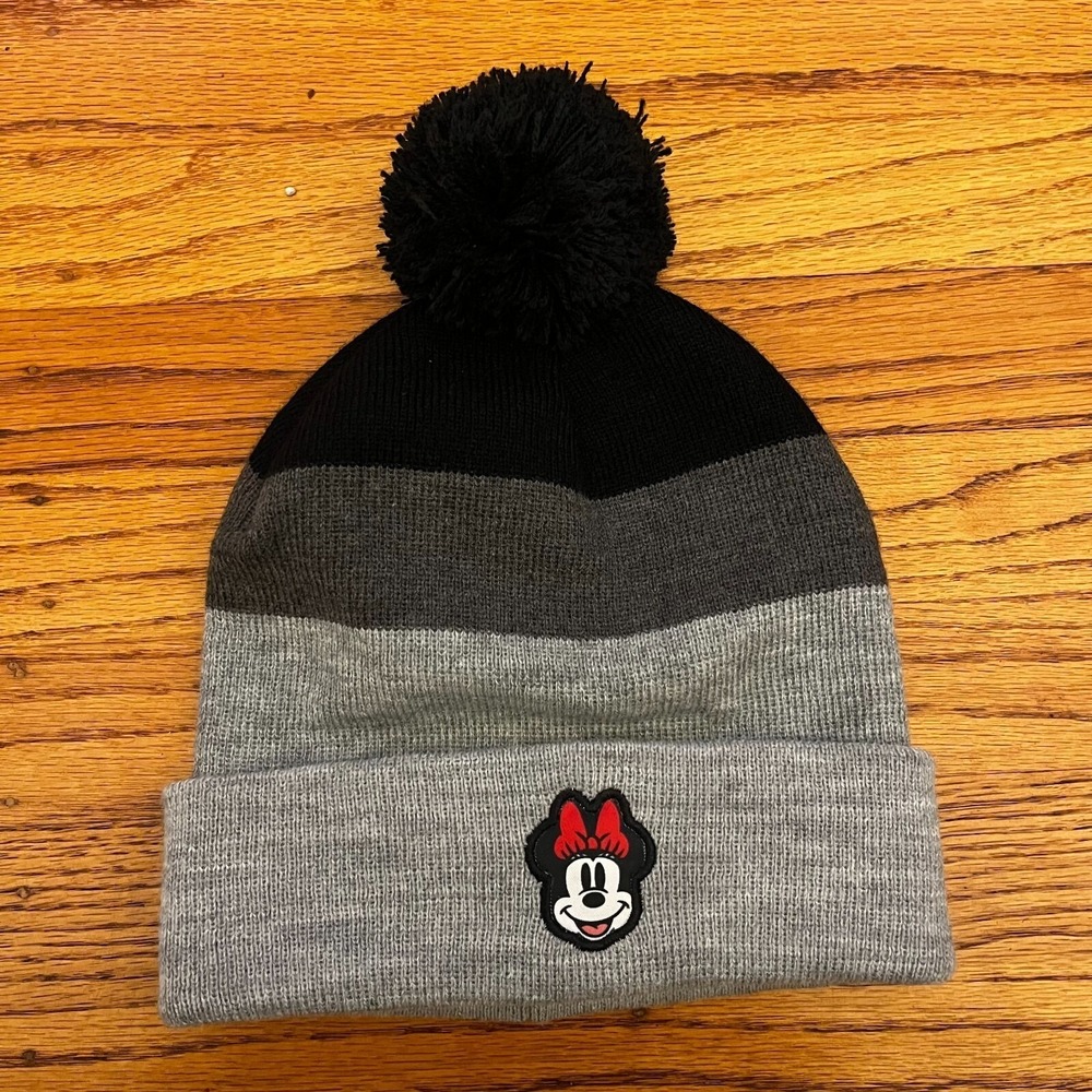 Disney Minnie Mouse Hat Pom  Beanie Style Stripe Gray & Black